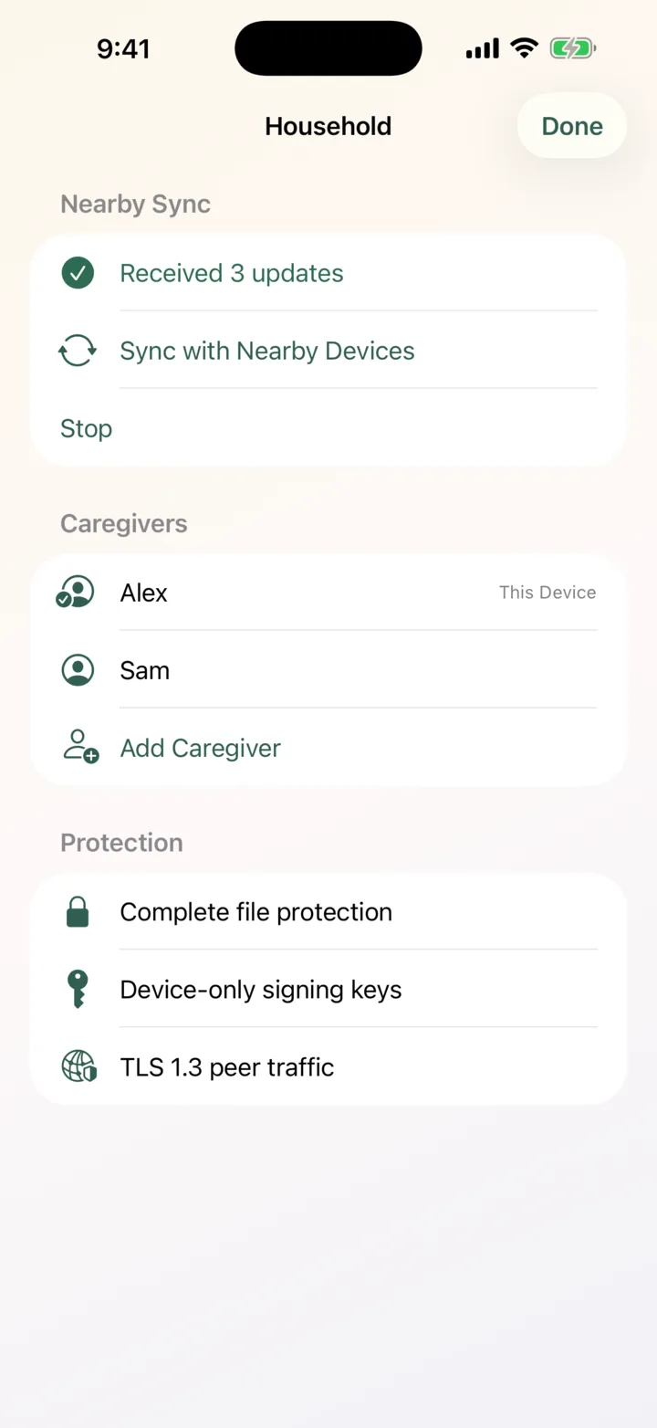 Gentle Tally household protection and nearby sync screen