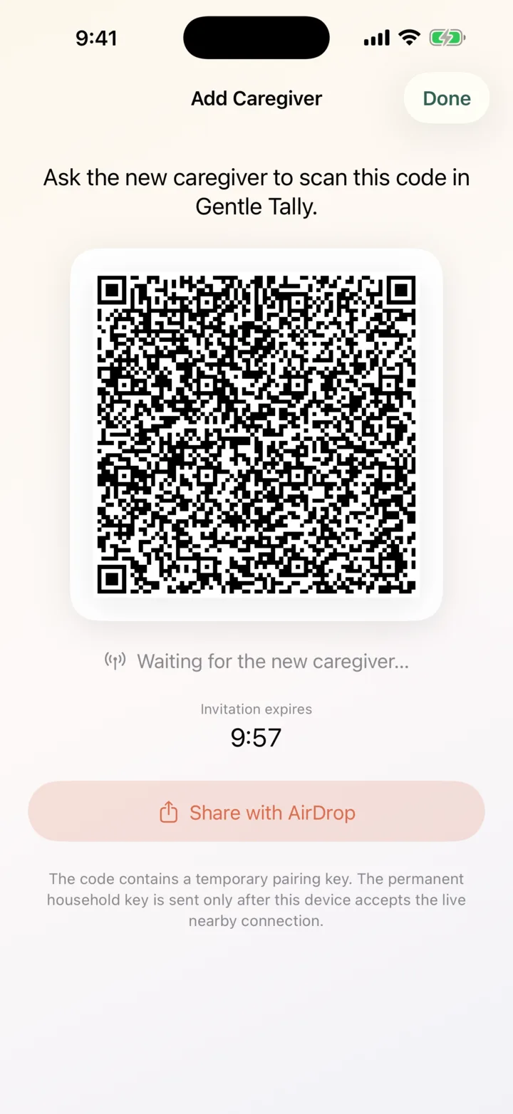 A temporary caregiver invitation in Gentle Tally